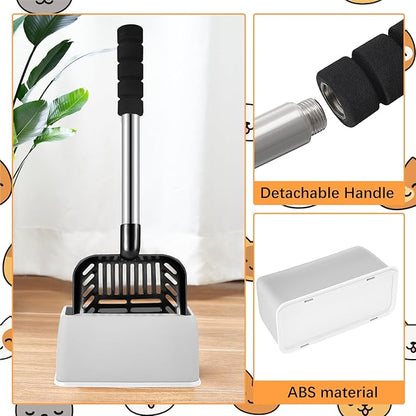 Hortsun 32 Inch Cat Litter Scooper Metal Long Handle with Cat Litter Scoop Holder Deep Kitty Sifter Shovel Detachable Stainless Steel Poop Sifter Scooper Caddy Kitty with Box(Black)