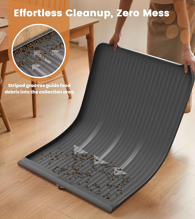 Dog Food Mat 36"x24", Waterproof Pet Feeding Mat with Diversion Grooves and Raised Edges, Large Non-Slip Dog Bowl Mat for Food and Water, Cat Food Mat for Floors, Easy to Clean, Grey