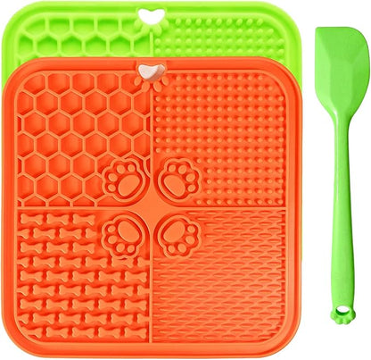 Dog Lick Mat with Suction Cups, Lick Mat for Dogs, Pet Food Mats and Slow Feeder Cat Bowl for Dog Anxiety Relief Pet Enrichment Toys for Bathing Station and Cat Grooming 2 Pack (Green & Orange)
