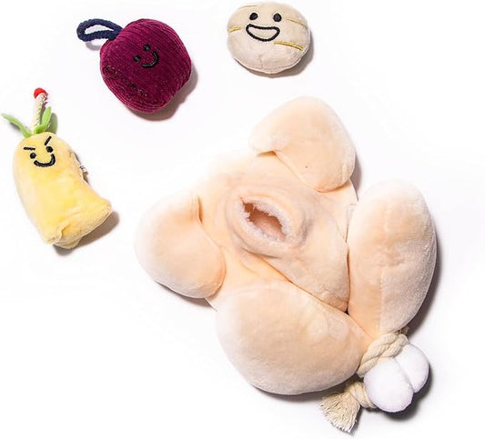 Glow Pups Plush Dog Toy Set of 4, Interactive Squeaker Toys for Dogs, Plush Material, Hide and Seek Game, Food Parody Design, Peach Color, Fun and Durable for Puppies