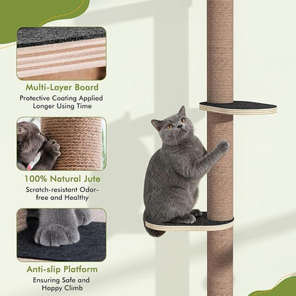 Tall Cat Tree Wall Mounted for Large Cats, 82 inch Scratching Post with Toys, Floor to Ceiling Cats Tower for Corner Area, Kitty Wall Shelf for Sleeping Playing Lounging Perching