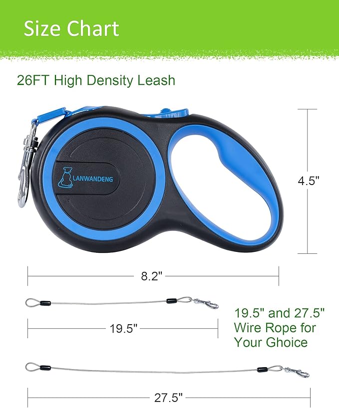 26FT Chew Proof Retractable Dog Leash with 2 Heavy Duty Anti-Chewing Wire Ropes, 360° Tangle-Free Dog Lead with Anti-Slip Handle for Small/Medium/Large Dogs Blue