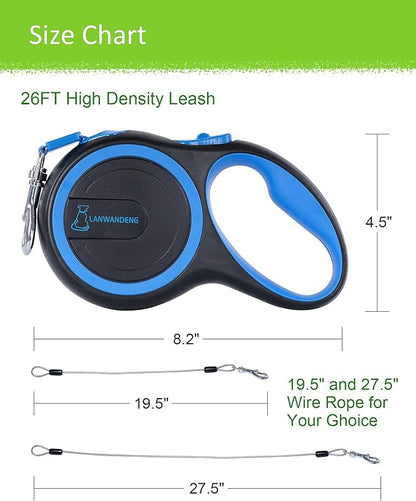 26FT Chew Proof Retractable Dog Leash with 2 Heavy Duty Anti-Chewing Wire Ropes, 360° Tangle-Free Dog Lead with Anti-Slip Handle for Small/Medium/Large Dogs Blue
