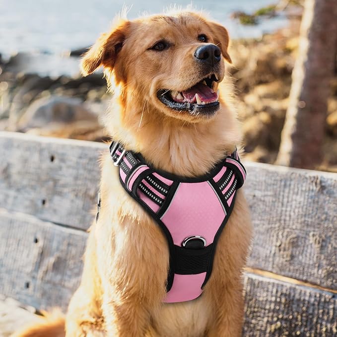 rabbitgoo Dog Harness for Large Dogs, No Pull Pet Vest with 3 Buckles, Adjustable Soft Padded Pet Harness with Easy Control Handle and Reflective Strips, Light Pink, XL