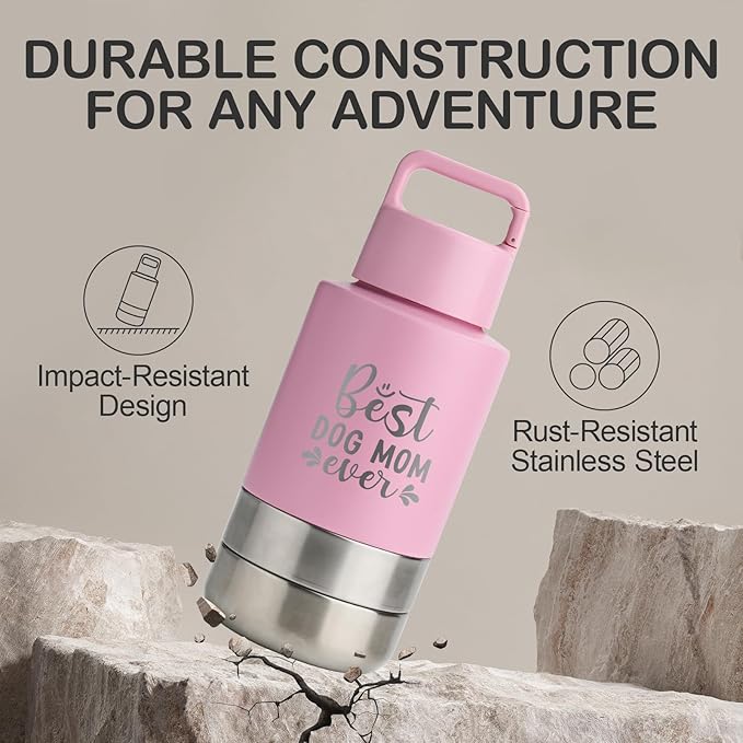 KEWIXY Insulated Dog Travel Water Bottle With Detachable Bowls, Ideal Dog Mom Gifts for Women, Portable Water Bottle Dispenser, For Walking, Hiking, Camping, Outdoor (Pink:Best Dog Mom, 32 Oz)