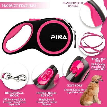 PINA Retractable Dog Leash, 26ft Dog Leash for Small Medium Large Dogs Up to 110lbs, 360° Tangle-Free Strong Reflective Nylon Tape, with Anti-Slip Handle, One-Handed Brake, Lock - 2PACK