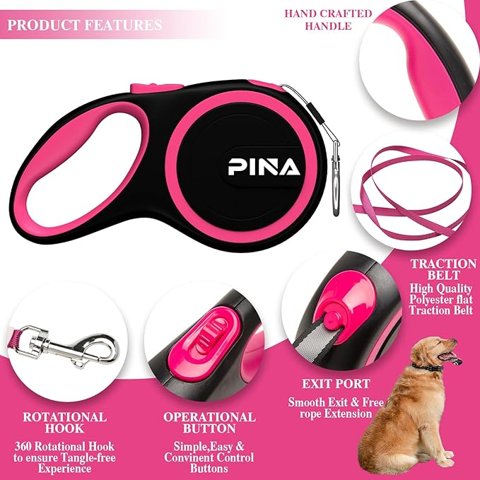 PINA Retractable Dog Leash, 16ft Dog Leash for Small Medium Dogs Up to 44lbs, 360° Tangle-Free Strong Reflective Nylon Tape, with Anti-Slip Handle, One-Handed Brake, Lock - Black Pink