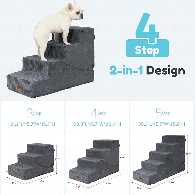4-Step Dog Stair and Ramp for Small Dogs and Cats, Pet Steps for Bed with Non-Slip Bottom, Grey