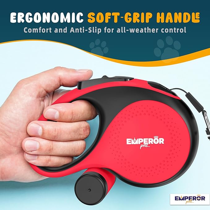 Emperor Pets 26 ft Retractable Dog Leash Red - Heavy Duty Retractable Pet Leash with Anti-Slip Grip for Medium to Large Dogs up to 110 lbs -Aura BR26