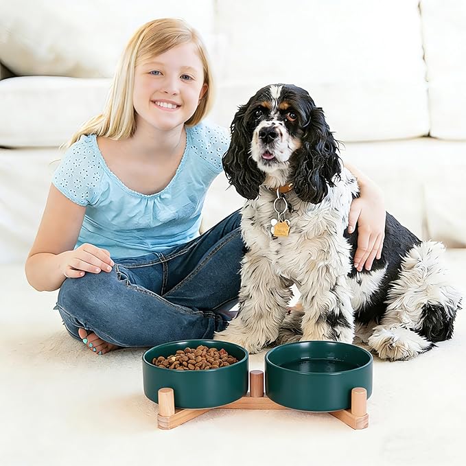 Ceramic Dog Bowl and Cat Bowls Set with 15° Adjustable Wood Stand, Non-Slip Weighted Pet Food and Water Bowls, Dual Raised Feeder for Small Dogs, Matte Glaze Pet Dish 13.5oz Set of 2 (Forest Green)