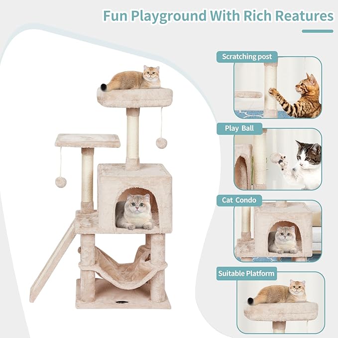 MIAO PAW Cute Cat Tree Tower for Indoor Cat Tower with Scratching Post Modern Activity House Hammock Hanging Ball Condo with Board Beige