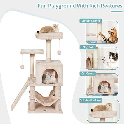 MIAO PAW Cute Cat Tree Tower for Indoor Cat Tower with Scratching Post Modern Activity House Hammock Hanging Ball Condo with Board Beige