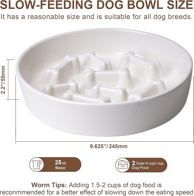 Ceramic Slow Feeder Dog Bowls, Ceramic Slow Feeder Maze Dog Food Bowl, Slow Eating Dog Bowl and Slow Feeder Dog Bowl Anti-Choking for Daily Pet Feeding （White Bone）