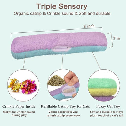 Retro Shaw Refillable Catnip Toys for Cats, 3Pcs Cat Toys Pillows with Crinkle Sound, Interactive Indoor Kitten Nip Chew Kitty Kicker Toy for Exercise 8 Inches