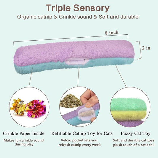 Retro Shaw Refillable Catnip Toys for Cats, 3Pcs Cat Toys Pillows with Crinkle Sound, Interactive Indoor Kitten Nip Chew Kitty Kicker Toy for Exercise 8 Inches