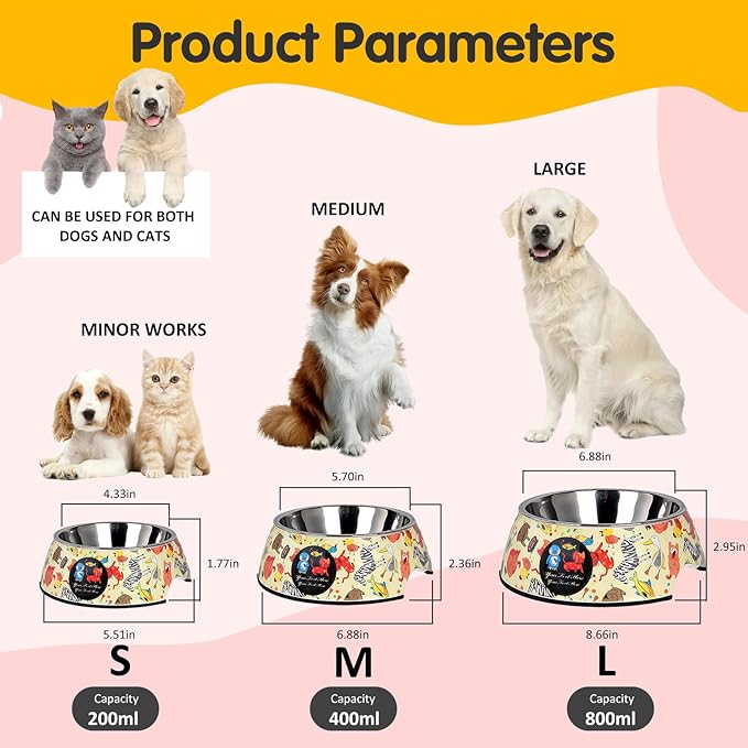 Pet Cats Dogs 2 in 1 Food Water Bowls - Non Slip Skid Proof Heavy Duty Pet Cats Dog Food Water Bowls for Feeding Drinking Small Medium Large Dogs Cats Puppies -Cartoon Animal World-L
