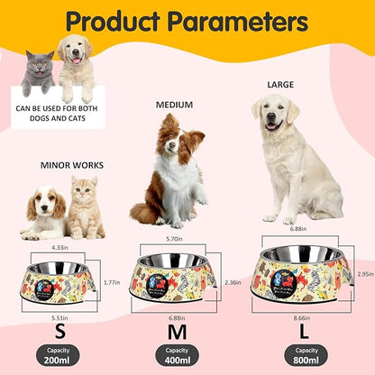 Pet Cats Dogs 2 in 1 Food Water Bowls - Non Slip Skid Proof Heavy Duty Pet Cats Dog Food Water Bowls for Feeding Drinking Small Medium Large Dogs Cats Puppies -Cartoon Animal World-L