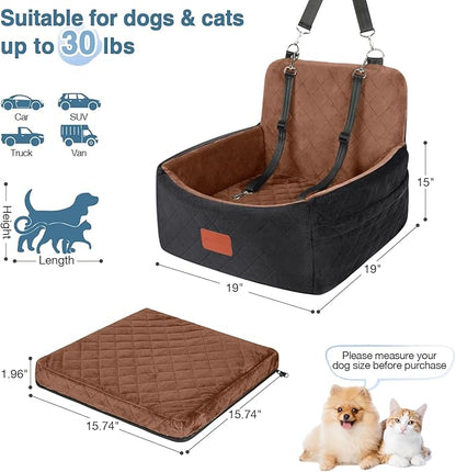 WOOAIDAGG Dog Car Seat for Small Dogs Under 30lbs,Ultra Soft Fabric & Memory Foam Pet Travel Car Bed,Washable & Detachable,Anti-Slip Bottom,2 Storage Pockets and Safety Tethers(Black/Brown)