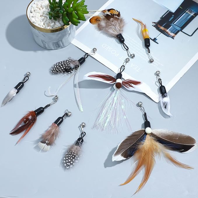10 Pieces Cat Feather Toys Replacement Insect Cat Toy with Bell Wand Refills Cats Toy Replacement Natural Bird Feathers for Cats Toys