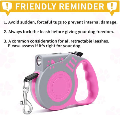 Retractable Dog Leash with USB Rechargeable Flashlight for Night Walks, 16FT Automatic Telescopic Tractor Dog Leash for Small and Medium Dogs, Pink