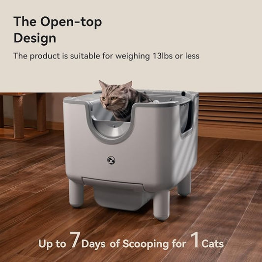 F6 Open-Top Automatic Cat Litter Box Self-Cleaning, Easy to Maintain, with Integrated Safety Protection and Odor Removal (Trash Bags Included)