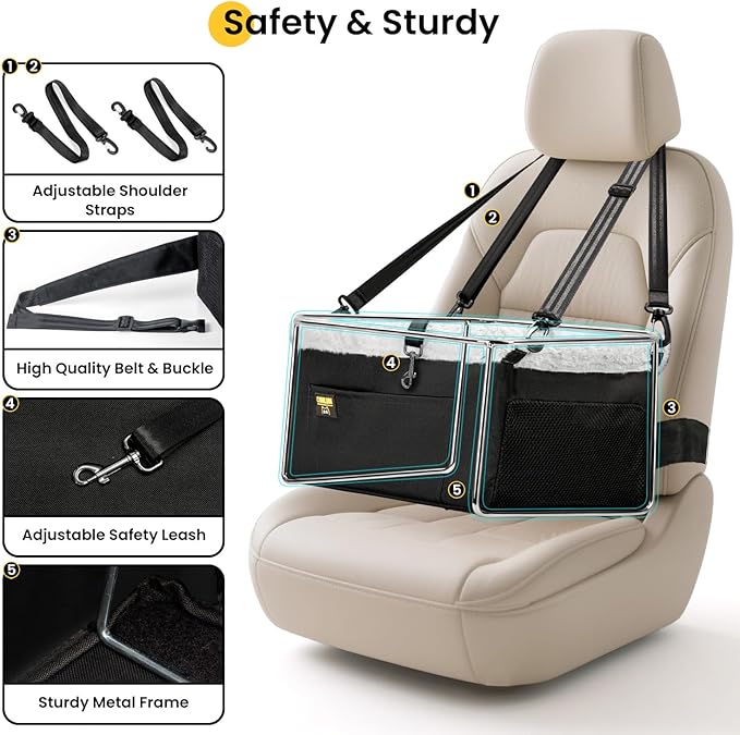 Conlun Dog Car Seat Booster for Small Pet Under 20lbs, Portable Travel Puppy Car Seat with Internal Steel Frame, Comfort Cushion & Storage Pockets, Adjustable Straps Fit Most Cars, Black