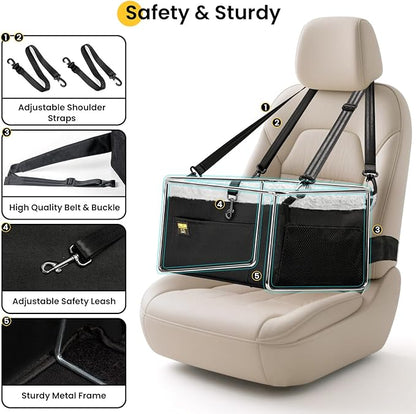 Conlun Dog Car Seat Booster for Small Pet Under 20lbs, Portable Travel Puppy Car Seat with Internal Steel Frame, Comfort Cushion & Storage Pockets, Adjustable Straps Fit Most Cars, Black