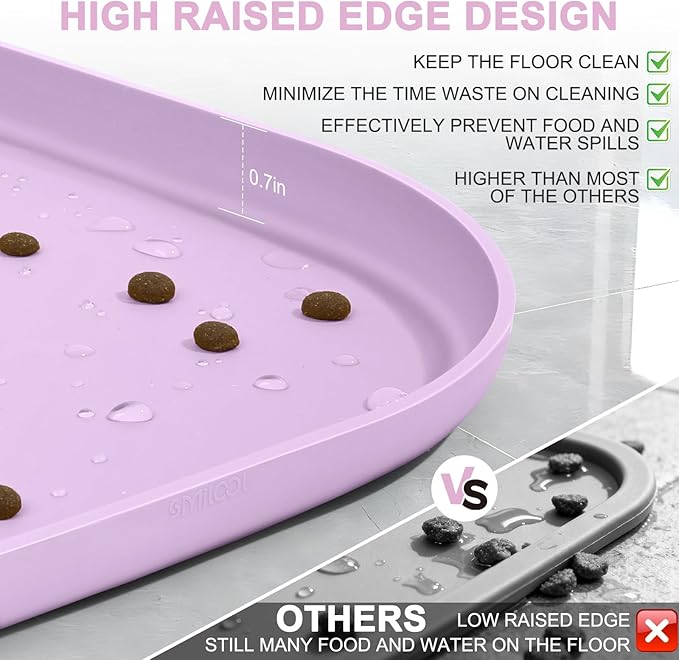 Silicone Pet Food Mat with Raised Edge for Food and Water Bowl, Dog Feeding Mats, Cat Food Trays for Floor Waterproof, Rubber Tray for Dogs and Cats, 19 x 12 x 0.7 Lavender