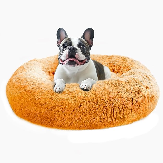 JOLLYVOGUE Calming Dog Bed Medium Size Dog, 31in Donut Washable Medium Pet Bed, Anti-Slip & Anti-Anxiety Fluffy Faux Fur Round Dogs Bed, Fits up to 45 lbs Pets (Orange)