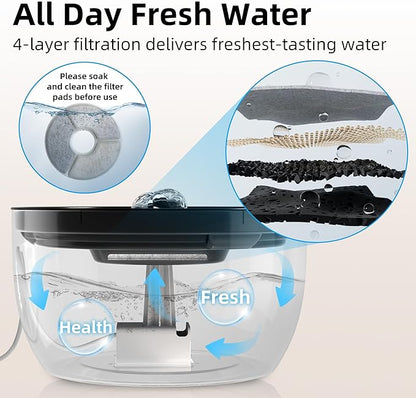 Casfuy W8 Quiet Stainless Steel Dog & Cat Water Fountain with LED Light, Black, 102-oz