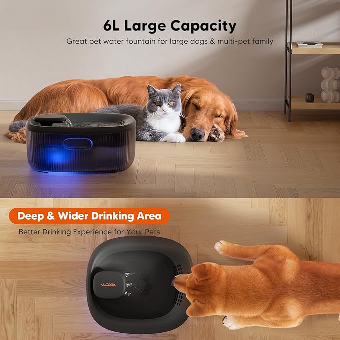 WOPET Dog Water Fountain for Large Dogs, 6L/205oz/1.7Gal Automatic Dog and Cat Water Fountain, Pet Water Dispenser with 6 Filters, Ultra-Quiet Pump, Great for Large Dogs Cats and Multi-Pet Home