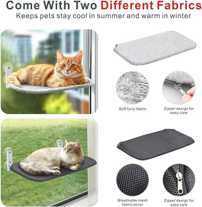 Idepet Cat Window Perch Cordless Foldable Cats Hammock Bed with Interactive Toys,Suction Cups,Reversible Cover Keep Pets Cool Warm for Summer Winter,Indoor Kitten Resting Seat(Gray&Black, 1 Pack)