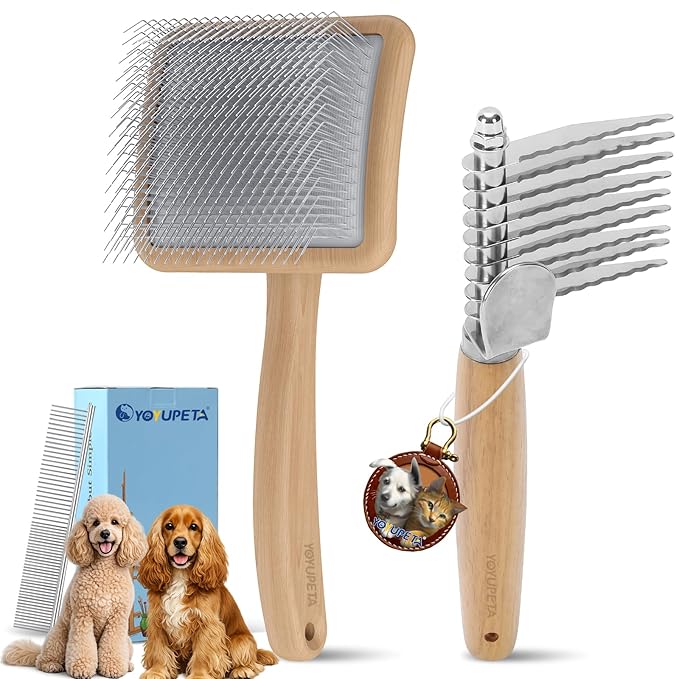 Large Long Pin Slicker Brush for Shedding – 3PC Grooming Kit with Dematting Comb & Comb for Long-Haired Dogs & Cats, Doodles, Poodles, Goldendoodle & Double Coats, Wooden Handle, Natural