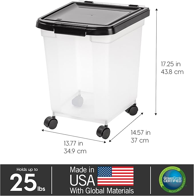 IRIS USA Airtight Dog Food Storage Container, WeatherPro, Up to 25 lbs, Removable Wheels, for Dog Cat Bird and Other Pet Food Storage Bin, Keep Fresh, Translucent Body, Made in USA, Clear/Black