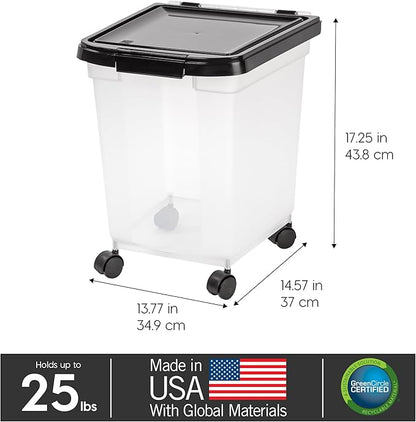 IRIS USA Airtight Dog Food Storage Container, WeatherPro, Up to 25 lbs, Removable Wheels, for Dog Cat Bird and Other Pet Food Storage Bin, Keep Fresh, Translucent Body, Made in USA, Clear/Black