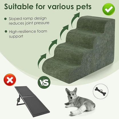 Dog Stairs for Small Dogs 17.7" H, 4-Step Dog Ramp for Aged and Injured Dogs, Foam Pet Stairs for Cats to Get on Bed, Couch or Chair, Non-Slip, Steady, Washable Cover, Green