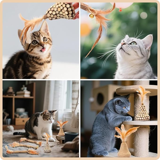 Walfront Cat Toys Interactive,Cats Chew Toys Sticks 2PCS Realistic Tree Stump Toys + 4PCS Pure Natural Log Sticks with Feathers and Bell Natural,Safe Dental Teething Toy for Indoor Cats