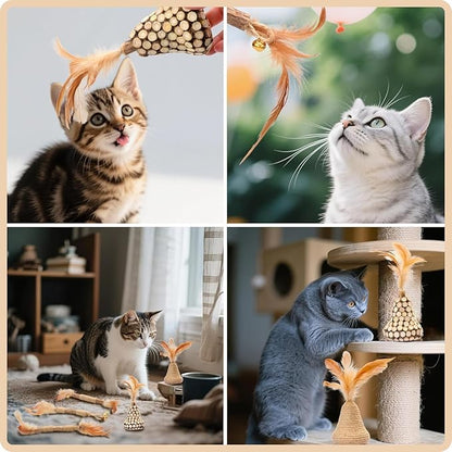 Walfront Cat Toys Interactive,Cats Chew Toys Sticks 2PCS Realistic Tree Stump Toys + 4PCS Pure Natural Log Sticks with Feathers and Bell Natural,Safe Dental Teething Toy for Indoor Cats