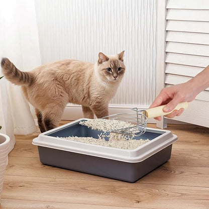 Ownpets Iron Metal Cat Litter Scoop, Heavy Duty Kitty Litter Scooper & Speed Sifter to Catch Small & Large Clumps, with Eucalyptus Wood Handle, Non-Stick Deep Shovel for Effective cleanup