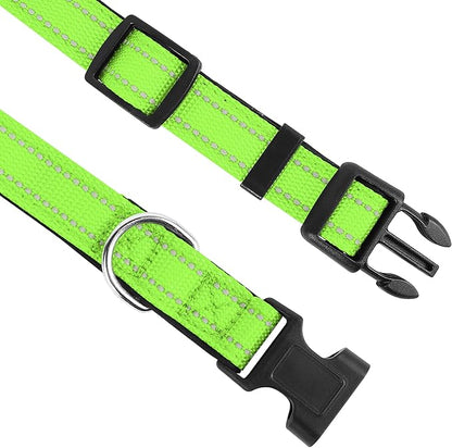 Reflective Dog Collar, Adjustable Soft Neoprene Padded Nylon Pet Collars with Buckle for Puppy and Small Dogs, Cats, Green,XS
