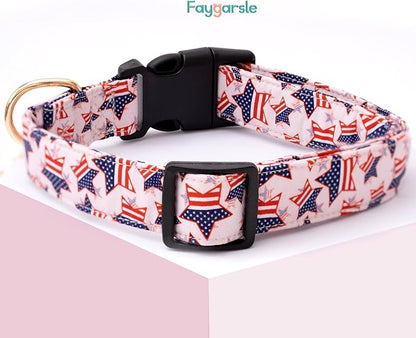 Faygarsle Cotton Dogs Collar Cute 4th of July Independence Day Dog Collars Pink Blue American Flag Star Patterns Dog Collarfor Girl Female Boy Male Small Medium Large Dogs S
