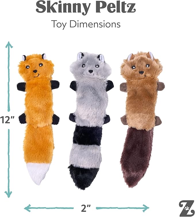 ZippyPaws Skinny Peltz - No Stuffing Dog Toy Pack to Keep Them Busy, for Small and Medium Dogs, Squeaky Pet Toys, Unstuffed Chew Toys, Soft Plush Variety Pack, Fox, Raccoon, and Squirrel - 11"