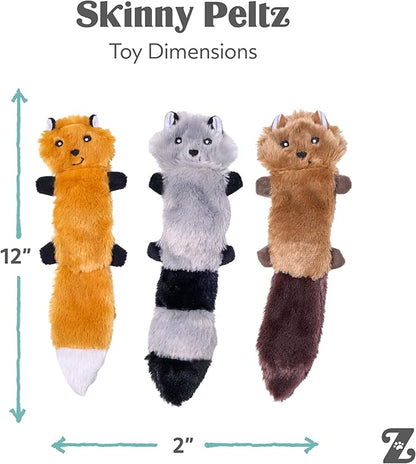 ZippyPaws Skinny Peltz - No Stuffing Dog Toy Pack to Keep Them Busy, for Small and Medium Dogs, Squeaky Pet Toys, Unstuffed Chew Toys, Soft Plush Variety Pack, Fox, Raccoon, and Squirrel - 11"
