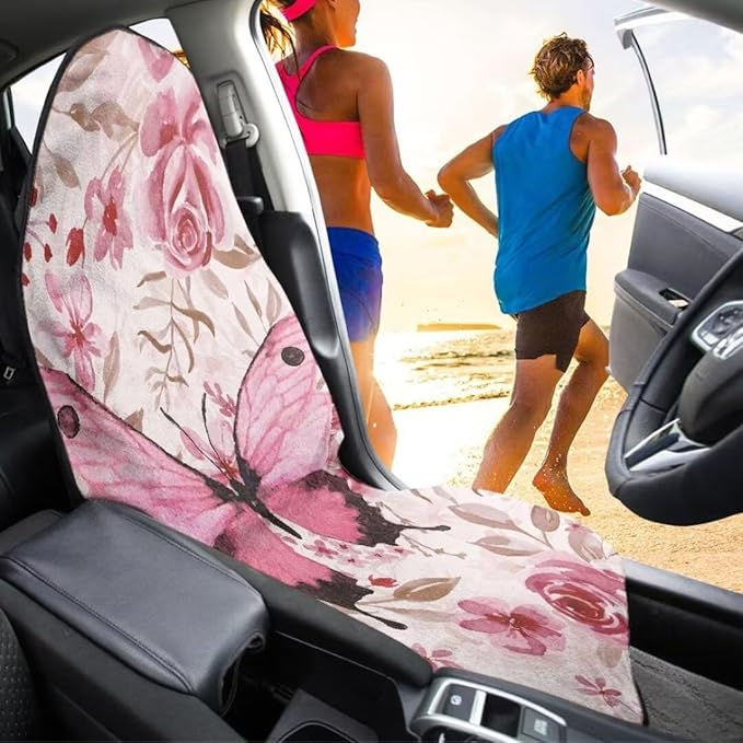 Coldinair Pink Butterfly Car Seat Cover Protector Front Seats Only,Floral Universal Waterproof Towel Seat Covers for Trucks,Auto Seat Cover Protectors for Workout,Beach,Swimming