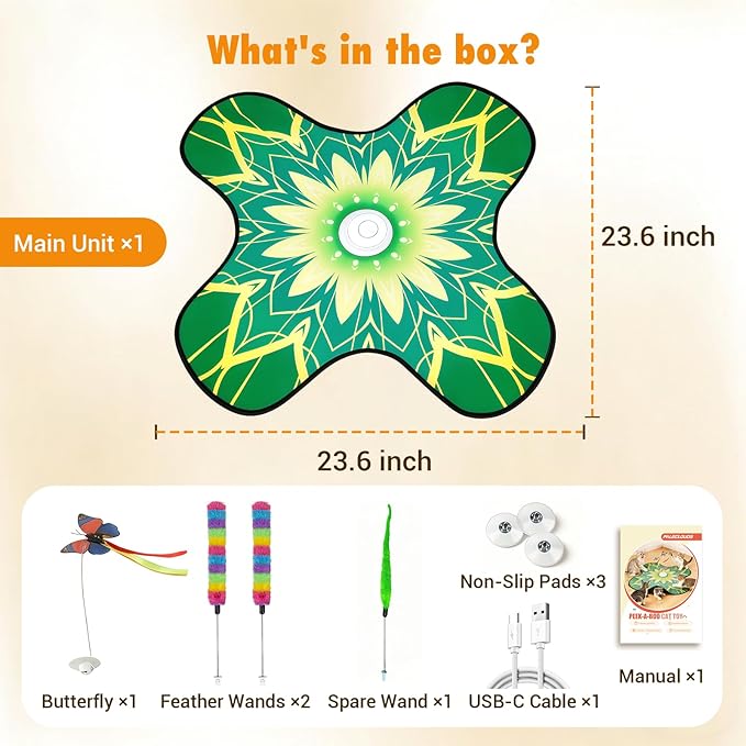 Hide and Seek Cat Toy Mat, 3-in-1 Interactive Cat Toys for Indoor Cats with Fluttering Butterfly & Moving Concealed Feathers, 3 Prey Sounds, Rechargeable Auto Play Mat for Bored Adult Cats & Kittens