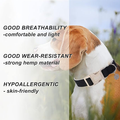 DOGWONG Cotton Hemp Dog Collar, Heavy-Duty Black Dog Collar Adjustable Soft Natural Fabric Pet Cute Wedding Puppy Necklace for Small Medium Large Dogs