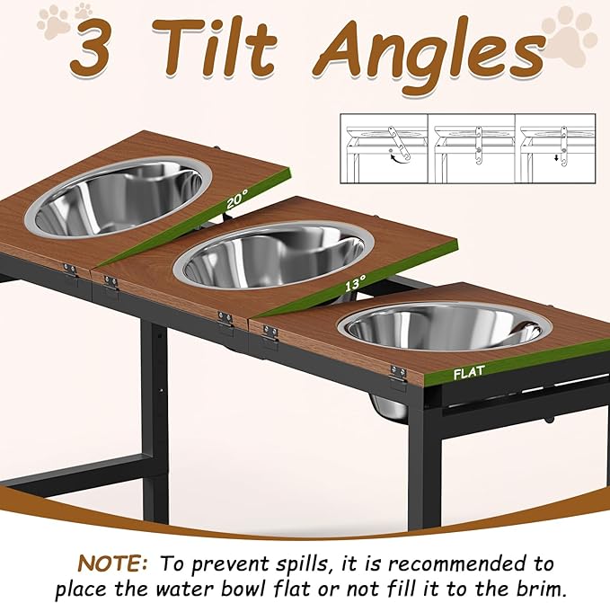 Elevated Dog Bowls Large Breed,Adjustable Raised Dog Bowl Stand,Stainless Steel 3 Bowl Dogs Feeding Station,12.5cup/101oz Each Food Water Bowl(Iron Holder,Wooden Platform,Grained Oak)