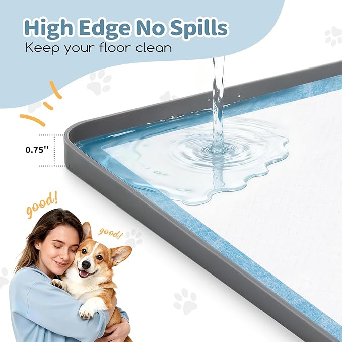 Pee Pad Holder for Dogs 24" x 24", Silicone Potty Tray with 4 Holder Clamps, High Edge No-Spill Dog Training Mat, Non-Slip Puppy Pad Tray Floor Protection for Indoor Use - Gray