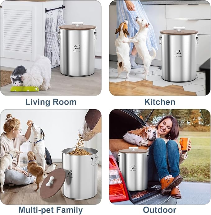 2PK 25 Lbs total 50 Lbs Stainless Steel Dog Food Storage Container with Airtight Wooden Lid & Ceramic Bone Handle, Large Metal Dog Food Bin for Dogs & Cats