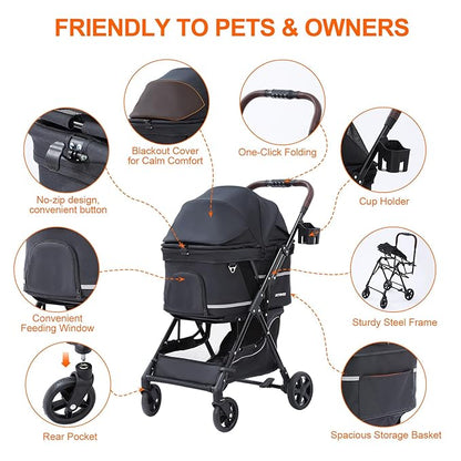 NO-Zip Pet Stroller for Small Dogs & Cats, Lightweight Dog Stroller with Reflective Safety Strips, One-Hand Fold, Claw-Proof Mesh, Breathable Travel Carriage, 33lbs Capacity, Black